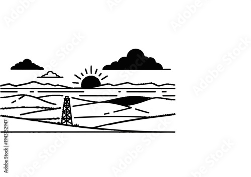 Stylized oil rig silhouetted against a sunrise with clouds over a barren landscape