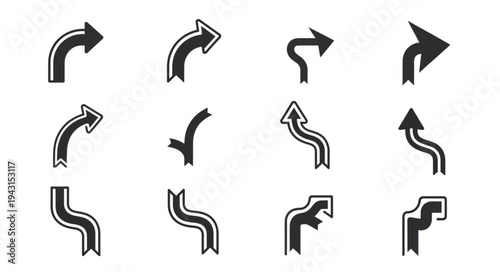 Set of Black Arrow Icons Pointing in Different Directions.