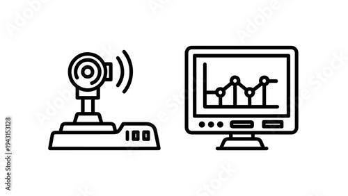 Joystick and computer monitor icons symbolizing gaming, control, and data anaiysis, minimaiist line art for technology and entertainment