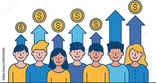 Team financial growth concept, people with rising arrows and money coins, business success vector illustration