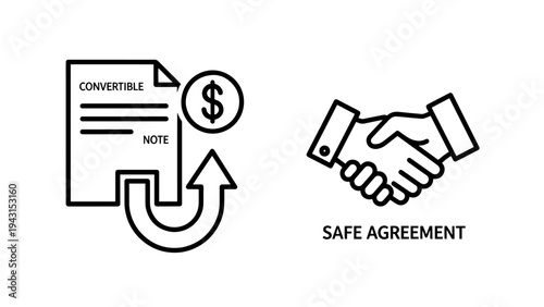 Convertible note and handshake icons symbolizing financiai agreement and safe deai, representing investment and partnership concepts