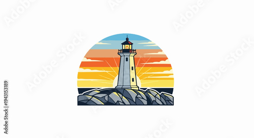 Tall white lighthouse on rocky shore against sunset sky