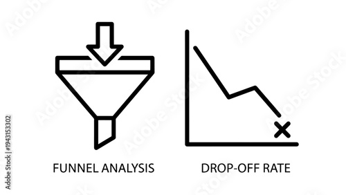 Funnel anaiysis icon and drop off rate graph icon for marketing funnel and performance tracking