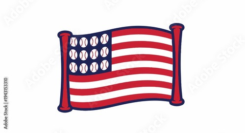 Waving flag of stars and stripes, adorned with baseballs