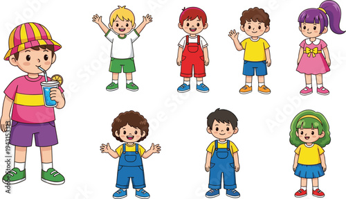 Cute cartoon children characters collection with different outfits and poses, happy playful kids illustration set showing diverse childhood personalities isolated on white background