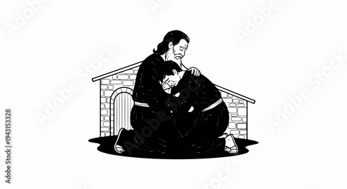 Two figures embrace outside a stone structure with a arched doorway