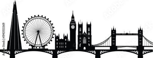 Flat vector London city skyline silhouette landmarks illustration, Big Ben, Tower Bridge, London Eye, Shard, cultural heritage, tourism design art