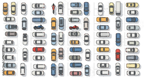 Overhead View of Various Vehicles Parked in Rows.