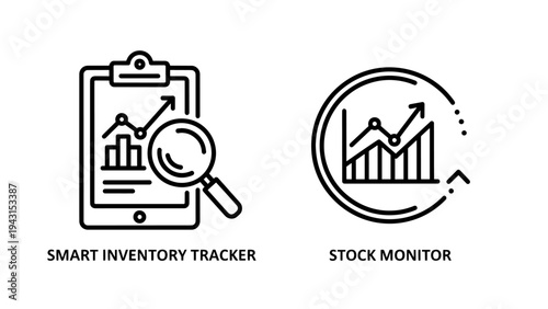 Smart inventory tracker clipboard icon and stock monitor graph icon for warehouse management