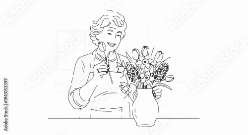 Woman arranges spring flowers in a vase, smiling happily at a tulip