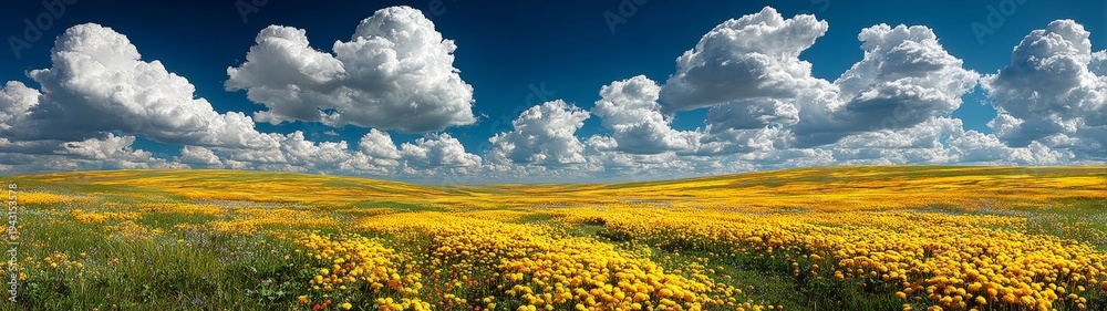 Fototapeta premium Nature's canvas: capturing the essence of meadow tranquility. Retro futurism. Expansive greenery and lush dandelions under clear blue skies. Editorial style. Modern graphics.