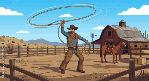 Cowboy with Lasso
Flat vector illustration of a cowboy spinning a lasso rope while standing in a ranch yard. Horse and barn visible in background. Flat vector style, western action scene.