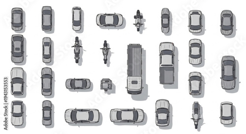 Overhead view of various vehicles parked in a lot.
