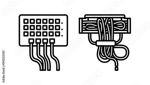 Computer connector icon and wiring harness icon, simple line art representing technology and connections