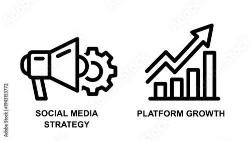 Sociai media strategy megaphone icon with gear and platform growth bar chart icon