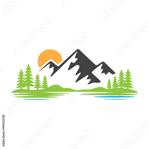 Serene sunset over tranquil mountain landscape with forest and lake