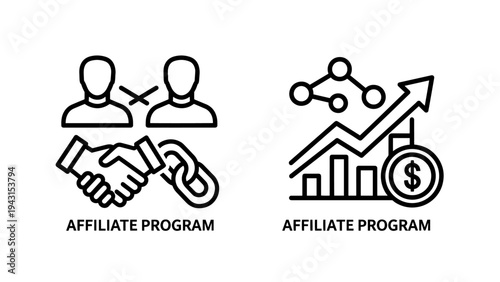 Affiliate program icon with handshake and link, and platform growth chart with dollar sign