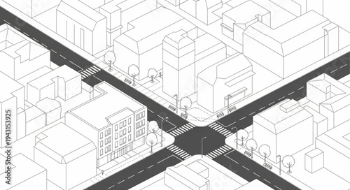 Cityscape Isometric View - Intersection of Roads and Buildings.