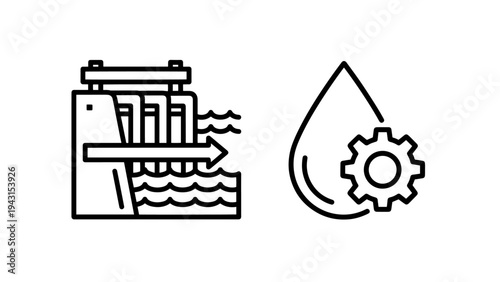Water power icon: dam with flowing water and drop with gear for industriai energy