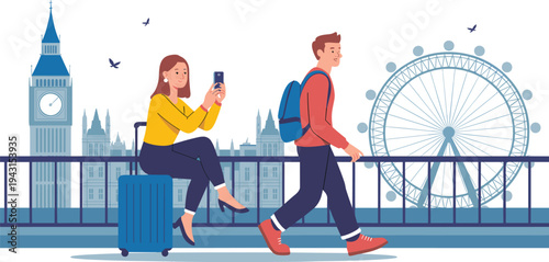 Tourists visiting London landmarks, travel lifestyle with smartphone photography and backpack, city tourism vector illustration