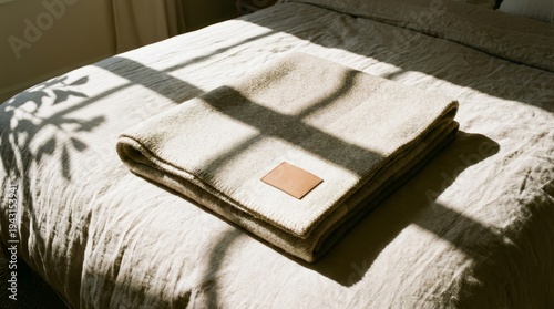 Folded warm blanket with leather tag on neutral bed