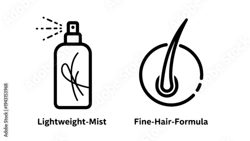 Hair care icons: lightweight mist spray bottle and fine hair follicle graphic