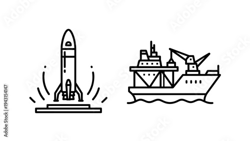 Launch rocket and cargo ship icons for space and maritime transport