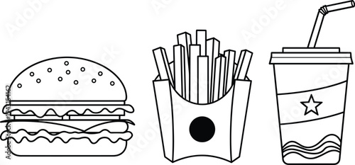 Fast Food Line Icon Set with Burger French Fries and Soda Drink Takeaway Restaurant Vector IllustrationFast Food Line Icon Set 