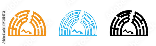 Three abstract arched line art designs in orange blue and black