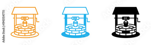 Three colorful well icons in orange blue and black