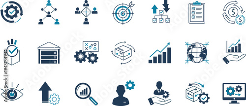 Business Strategy and Management Icon Set with Target Growth Analytics Teamwork Finance and Optimization Symbols Vector