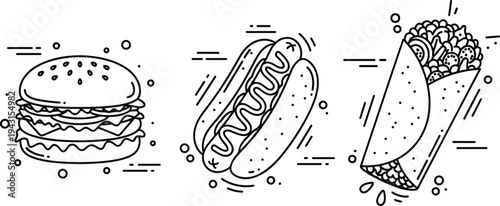 Fast Food Line Art Illustration Set with Burger Hot Dog and Taco Street Food Outline Vector