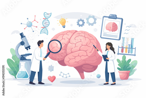 Neuroscience Research Concept with Scientists Examining a Large Human Brain. Medical Laboratory Study for Psychology, Mental Health, and Neurology with Microscope, DNA, and Scientific Equipment.