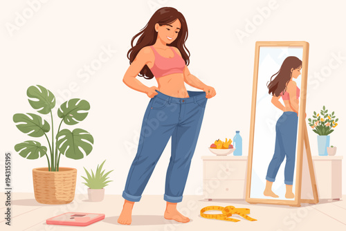 Young Woman Celebrating Weight Loss Success by Trying on Oversized Old Jeans in Front of a Mirror, Healthy Lifestyle Concept with Scale, Measuring Tape, and Fruit, Flat Vector Illustration