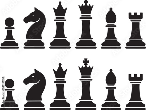 black and white chess pieces on white background
