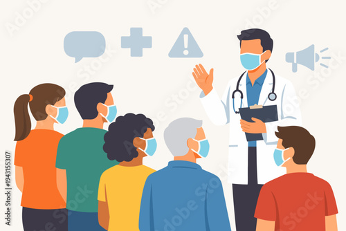 Professional doctor wearing a face mask and stethoscope making an announcement to a diverse group of people in masks, public health communication, medical briefing, and safety information.