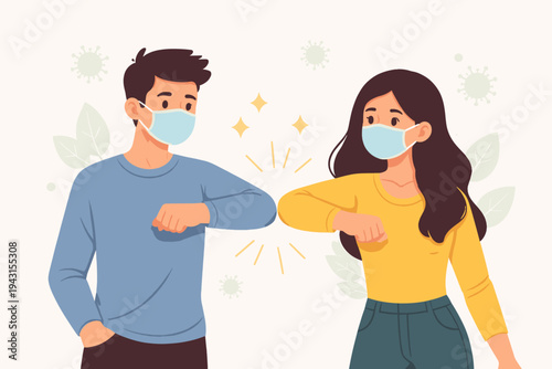 Vector Illustration of a Man and Woman Wearing Protective Face Masks and Doing an Elbow Bump Greeting to Prevent the Spread of Coronavirus and COVID-19, Social Distancing Safety Concept
