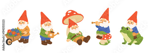 Cute garden gnome characters doing gardening activities. Funny dwarf with watering can, flowers, resting under mushroom, playing flute and riding frog. Fairy garden vector illustration set.