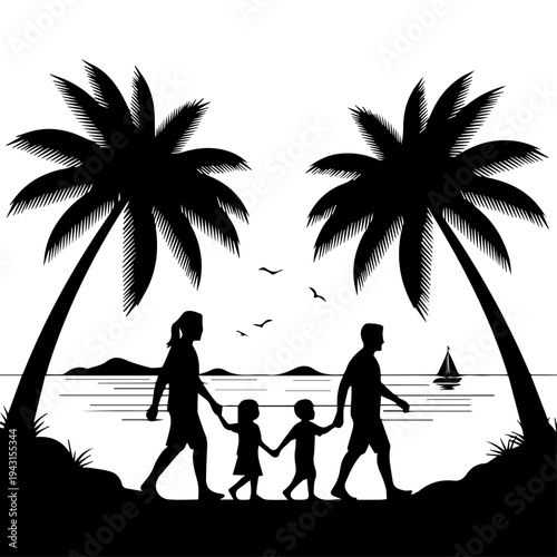 Happy family walking on beach silhouette with palm trees sunset vector illustration