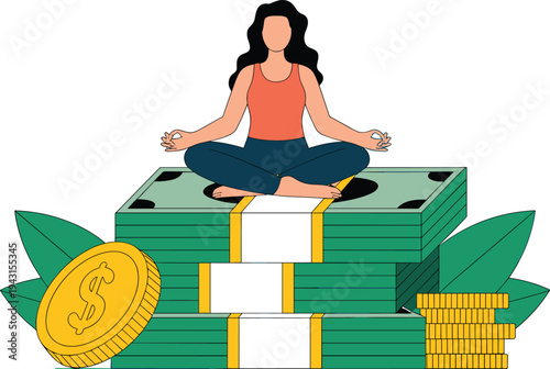Woman meditating on money stacks, financial freedom and passive income concept, wealth success vector illustration