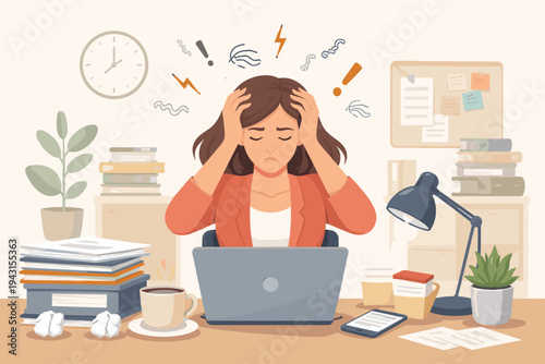 Stressed Woman Overwhelmed by Workload at Office Desk with Laptop and Stacks of Paper, Flat Vector Illustration of Burnout, Mental Health, Deadline Pressure, and Professional Fatigue.