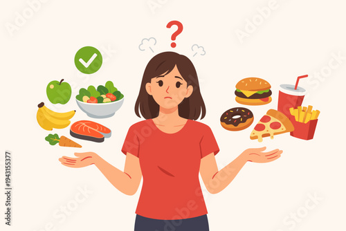 Flat vector illustration of a woman choosing between healthy and unhealthy food options, deciding between nutritious fruits and vegetables versus fast food junk food for a balanced diet plan.