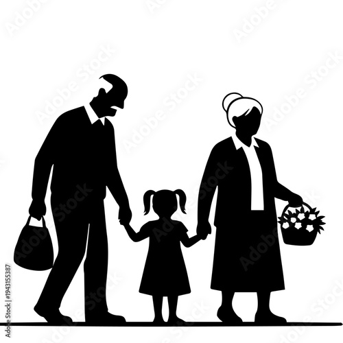 Happy family silhouette vector illustration, father mother and daughter holding hands