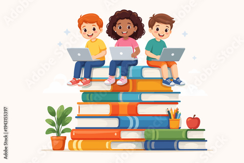 Diverse children sitting on a large stack of books using laptops for online learning. Flat vector illustration representing modern education, digital literacy, school technology, and e-learning.