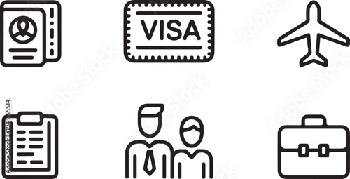Immigration and travel documents set with passport visa airplane and luggage outline icons