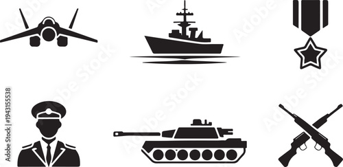 Navy and air force military symbols including jet fighter warship medal and armored tank