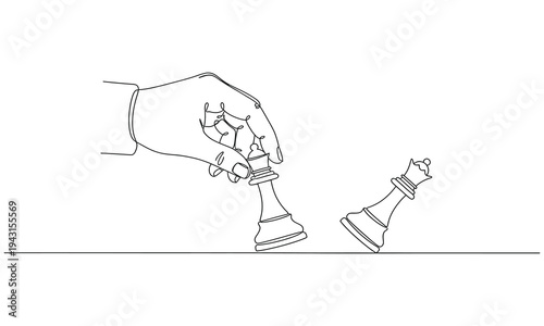 Continuous one line drawing robot hand holding chess pawn. simple chess king versus pawn on hand line art vector illustration