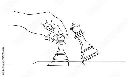 Continuous one line drawing robot hand holding chess pawn. simple chess king versus pawn on hand line art vector illustration