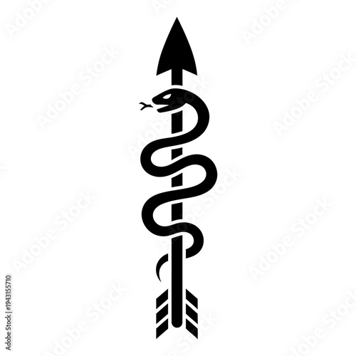 Snake coiled around an upward arrow silhouette representing medical progress, precision in healthcare, and ambitious growth