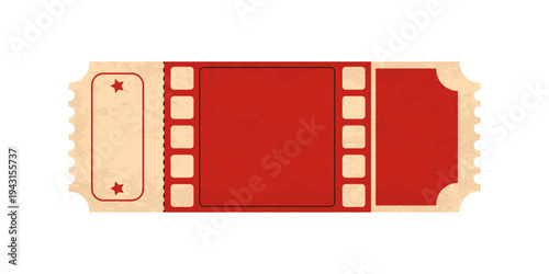 Vintage  ticket template  isolated on transparent background. Retro  coupon.Decorative element for cinema, party, event, festival.Realistic template in red, white, black colours. Vector  illustration.